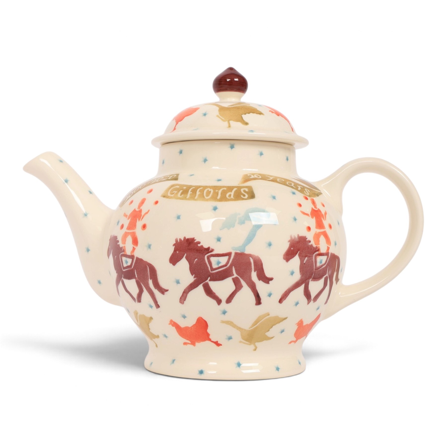 Emma Bridgewater teapot, in the Giffords Circus 2000-2020 Anniversary pattern and Collectors Club jug of year 2008, teapot H22cm 