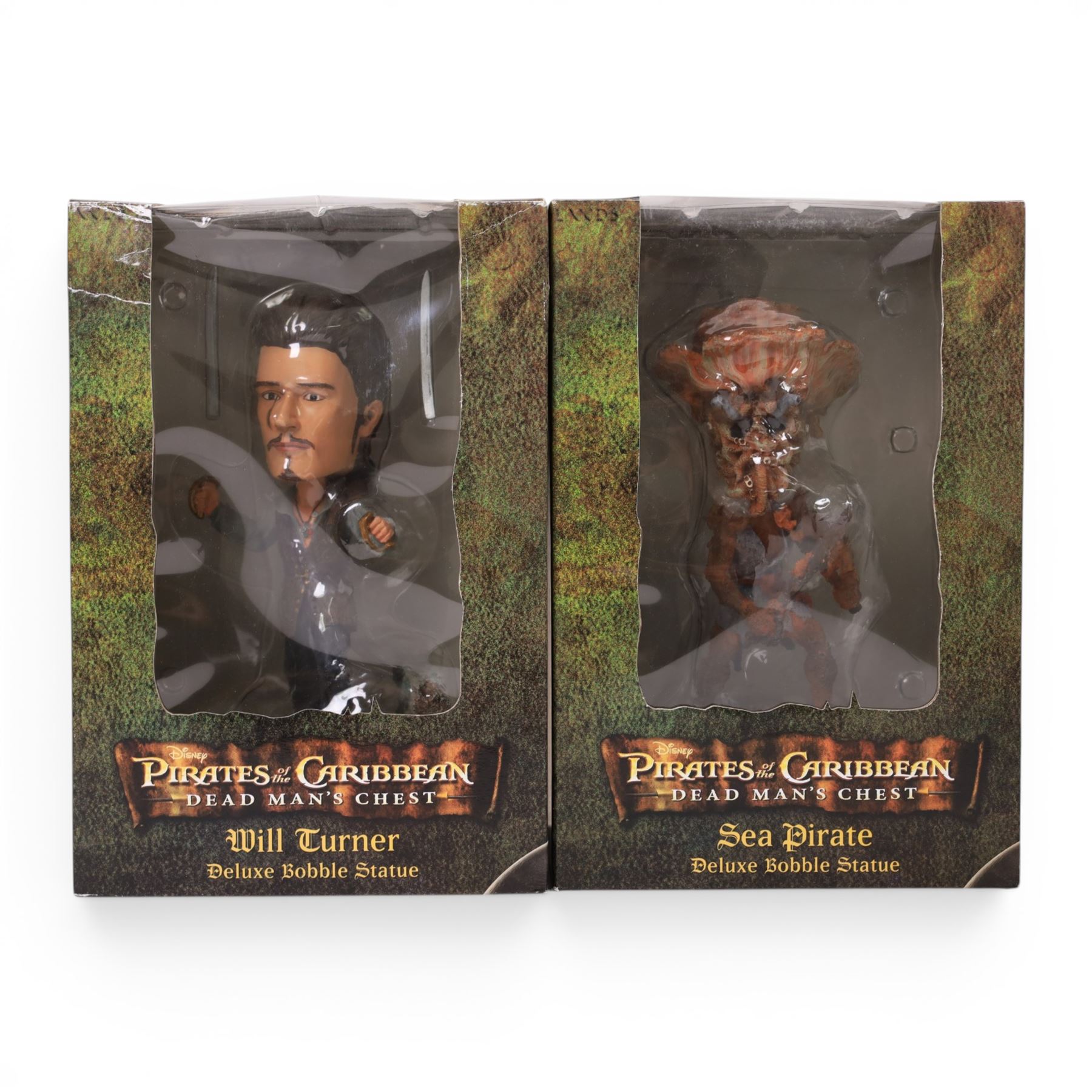 Five bobble-heads, comprising two Cards Inc Pirates of the Caribbean examples Sea Pirate and Will Turner, Two Funko Star Wars examples Wicket W Warrick and Obi-Wan Kenobi and a Cards Inc Characters Hulk example, all boxed
