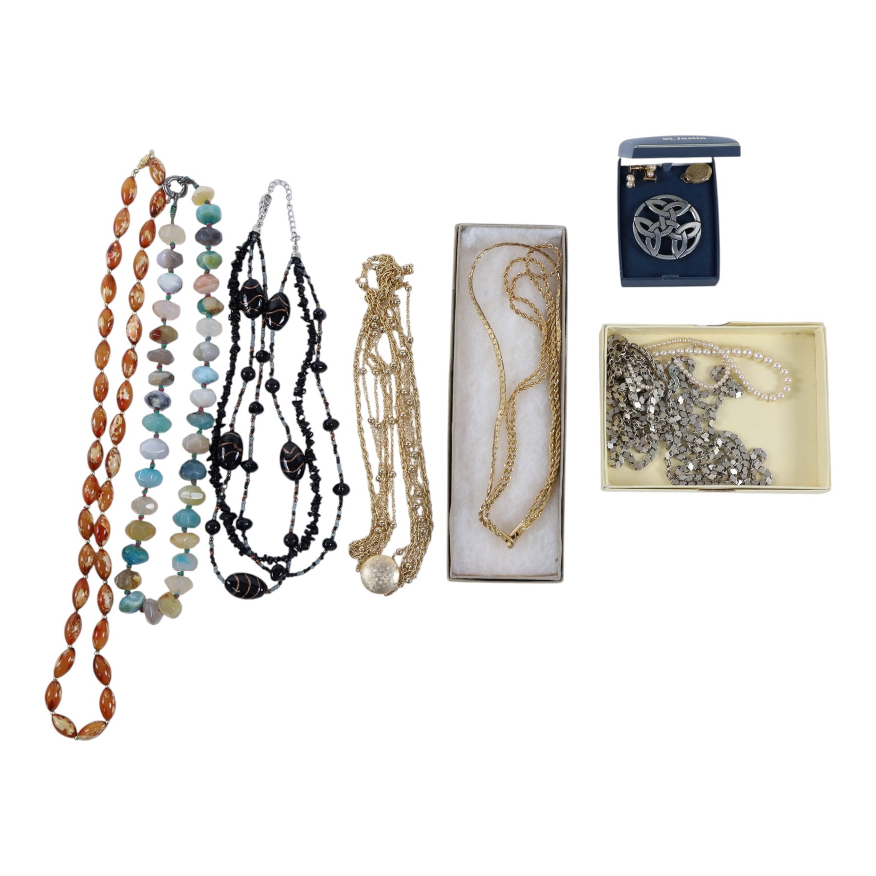 Pair of 9ct gold screw back earrings, quartz bead necklace and costume jewellery