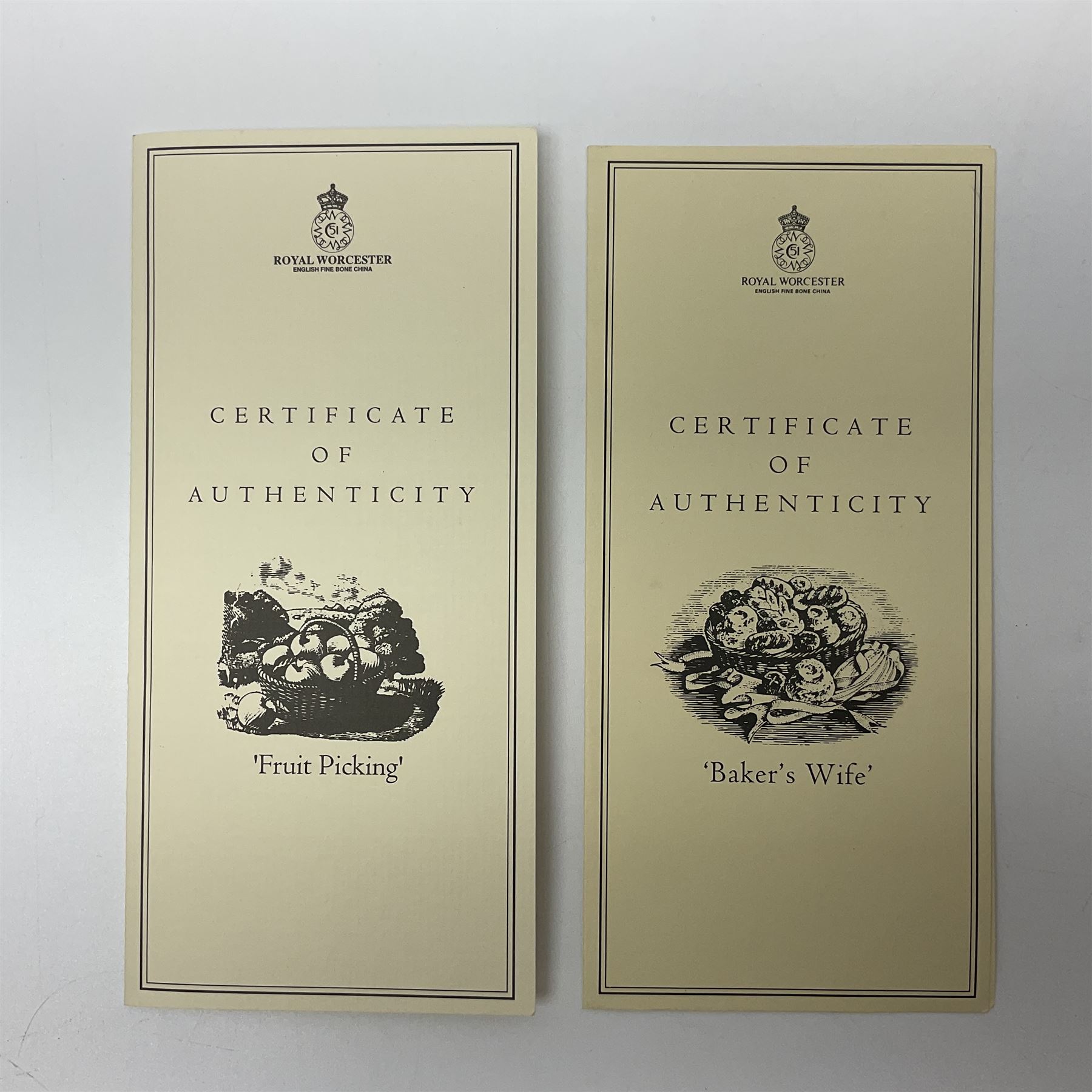 Five Royal Worcester figures, comprising Market Day, Noelle, Bakers Wife, Goose Girl and Fruit Picking, all with printed marks beneath and some with certificates of authentication  