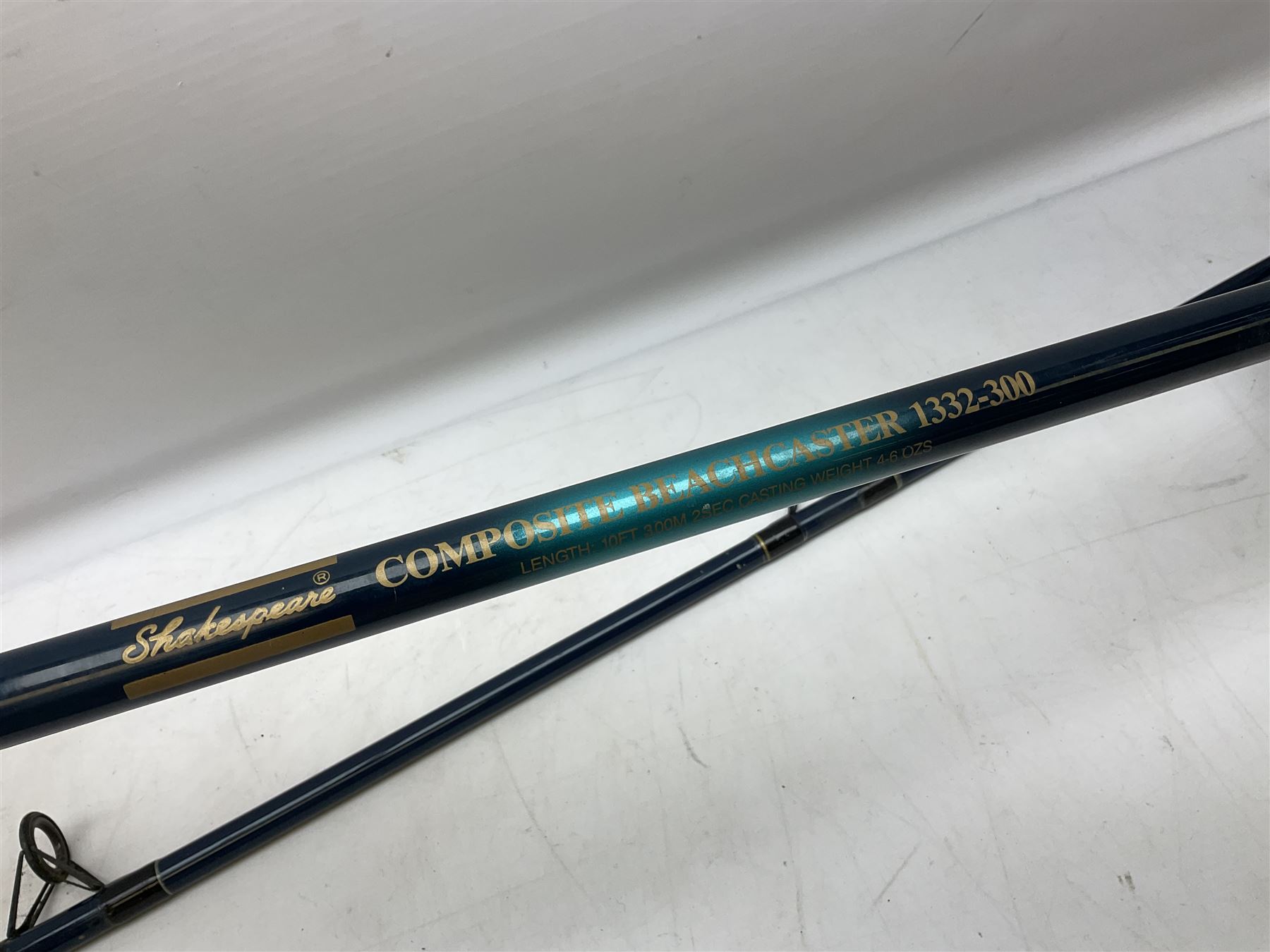 Shakespeare 'Composite Beachcaster 1332-300' 10ft two piece rod with Shakespeare alpha reel, Elastiglas two piece fly rod, Ryobi Masterline carbon fibre 'Pioneer PIF 85 Fly 8' 6