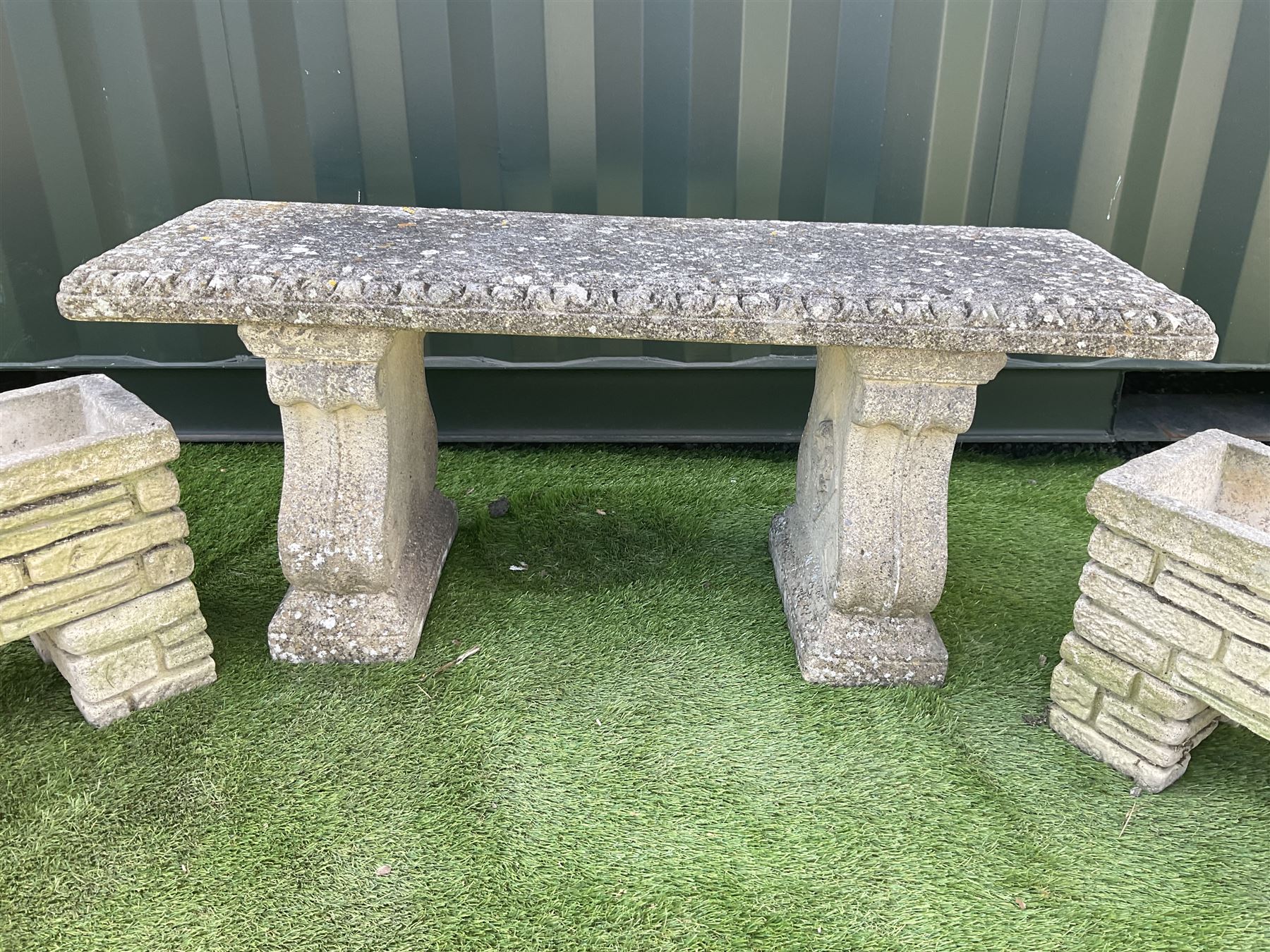 Cast stone garden bench, and two rectangular planters on plinths - THIS LOT IS TO BE COLLECTED BY APPOINTMENT FROM DUGGLEBY STORAGE, GREAT HILL, EASTFIELD, SCARBOROUGH, YO11 3TX