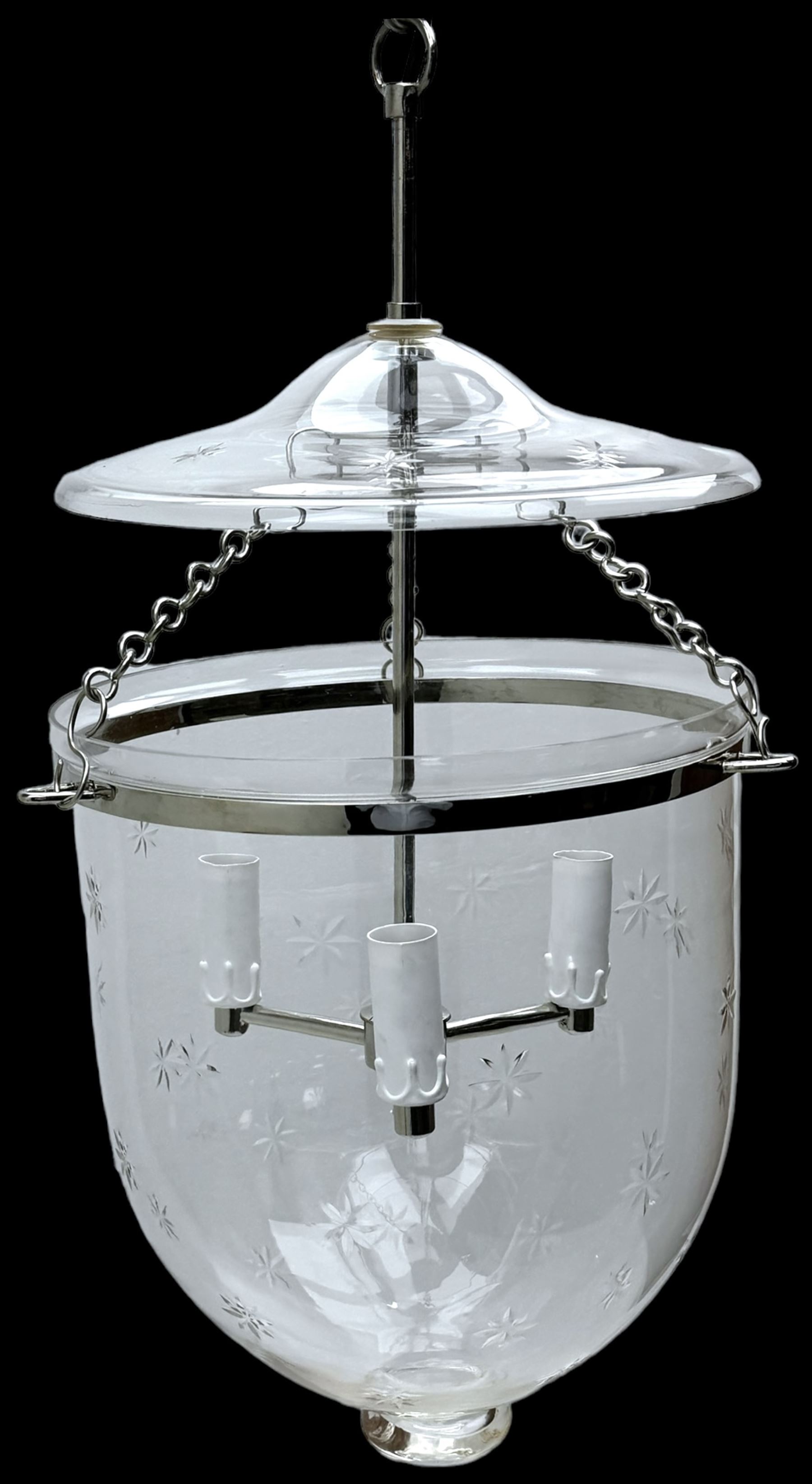 India Jane Interiors - pair of hallway glass bell jar ceiling lanterns, fitted with three branches, decorated with bevelled star motifs - ex-display/bankruptcy stock 