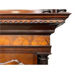 Penlington of Liverpool – early 19th century 8-day mahogany longcase clock, swans neck pediment with three turned wooden finials and verre eglomise panels, trunk with reeded columns and wavy topped door, plinth with canted corners on bracket feet, painted break-arch dial with Roman numerals and five-minute Arabic’s, centre sweep calendar and seconds hands, blue steel serpentine hands, signed beneath a painted rolling moon in the arch PENLINGTON, LIVERPOOL, eight day four pillar movement, anchor escapement and rack striking on a bell. With pendulum and weights.  The Penlington family were prolific clockmakers in 19th century Liverpool working from several addresses in the city, also recorded as chronometer and chronograph makers.