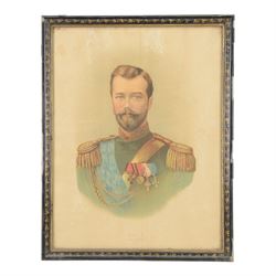 Portrait picture of Czar Nicholas II, framed, H50cm, W39cm