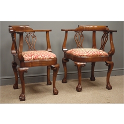  Pair of Bevan Funnell 'Reprodux' Georgian style mahogany corner chairs, shaped cresting rail, pierced splat, drop in seats upholstered in 'Rowson Florencia Calvi No.6' fabric, cabriole legs with ball and claw feet  
