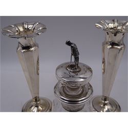 Modern silver mounted cut glass bottle, the stopper with silver finial modelled as a golfer, hallmarked A J Poole, Birmingham 1996, H17.5cm, together with a pair of Edwardian silver trumpet vases, of faceted form with fluted rims, upon weighted circular foot, hallmarked Walker & Hall, Chester 1906, H17cm
