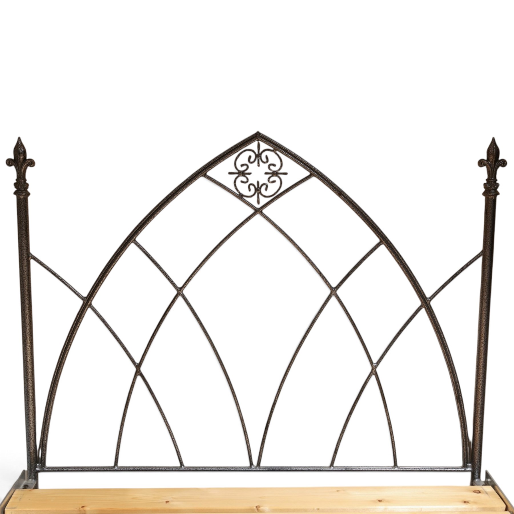Gothic design wrought iron double bed, with silvered hammered finish, metal frame with large wooden slats