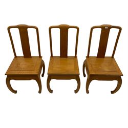 Oriental hardwood rectangular dining table, and six high back dining chairs with solid seats