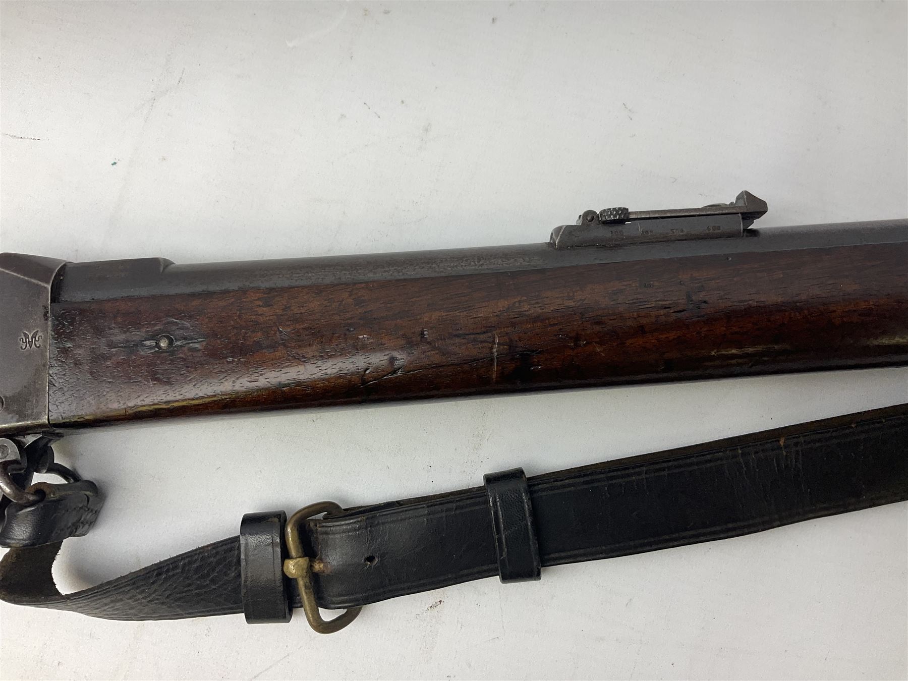 Braendlin Armoury Martini action .577/450 falling back rifle, the 85cm rifled barrel stamped Alex. Henry Edinburgh & London with two barrel bands including Yatagan bayonet side fitting and clearing rod under, with leather sling, serial no.13332, L126cm (NB. Firing pin broken). 
