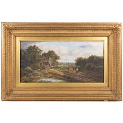 Continental School (20th Century): Harbour Scene, oil on canvas board indistinctly signed 58cm x 78cm; E Atkins (19th Century): Pastoral Scene, oil on canvas indistinctly signed and dated 1879, in gilt frame, 30cm x 60cm (2)