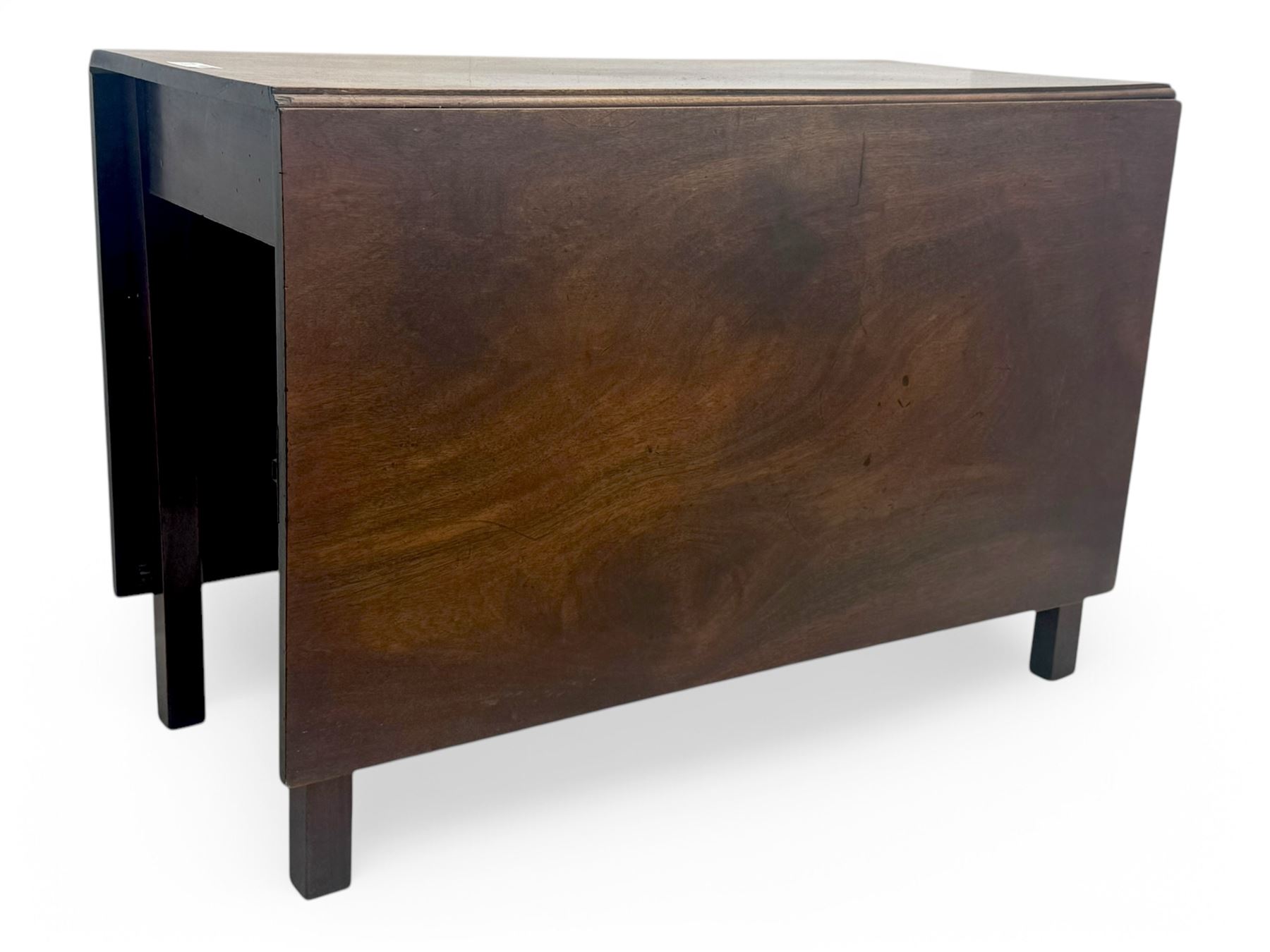 Georgian mahogany drop-leaf dining table, rectangular top with two hinged leaves supported by a gateleg mechanism, raised on square-section supports