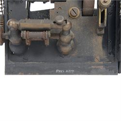 Early 20th century French cine film projector, impressed plate verso 'Pathe Freres Becker 23976', with geared mechanism, all mounted on a heavy black lacquered cast iron frame, H30cm