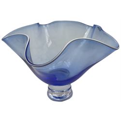 Gillies Jones of Rosedale blue glass vase with crimped rim on a short pedestal foot, signature to base, H11cm