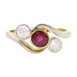 Early 20th century three stone, ruby and old cut and round cut diamond ring, stamped 18ct,...