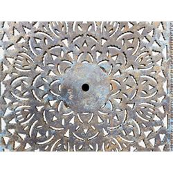 Victorian revival ornate cast iron garden table, pierced square top, pedestal base, finished in distressed blue paint