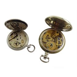 White metal cylinder pendulum pocket watch made for the Chinese market, plastic skeleton dust cover, the paper dial decorated with peacocks and marked 'Exclusif' and a white metal pocket watch Silver key wound lever full hunter pocket watch for the Chinese market, stamped (2)