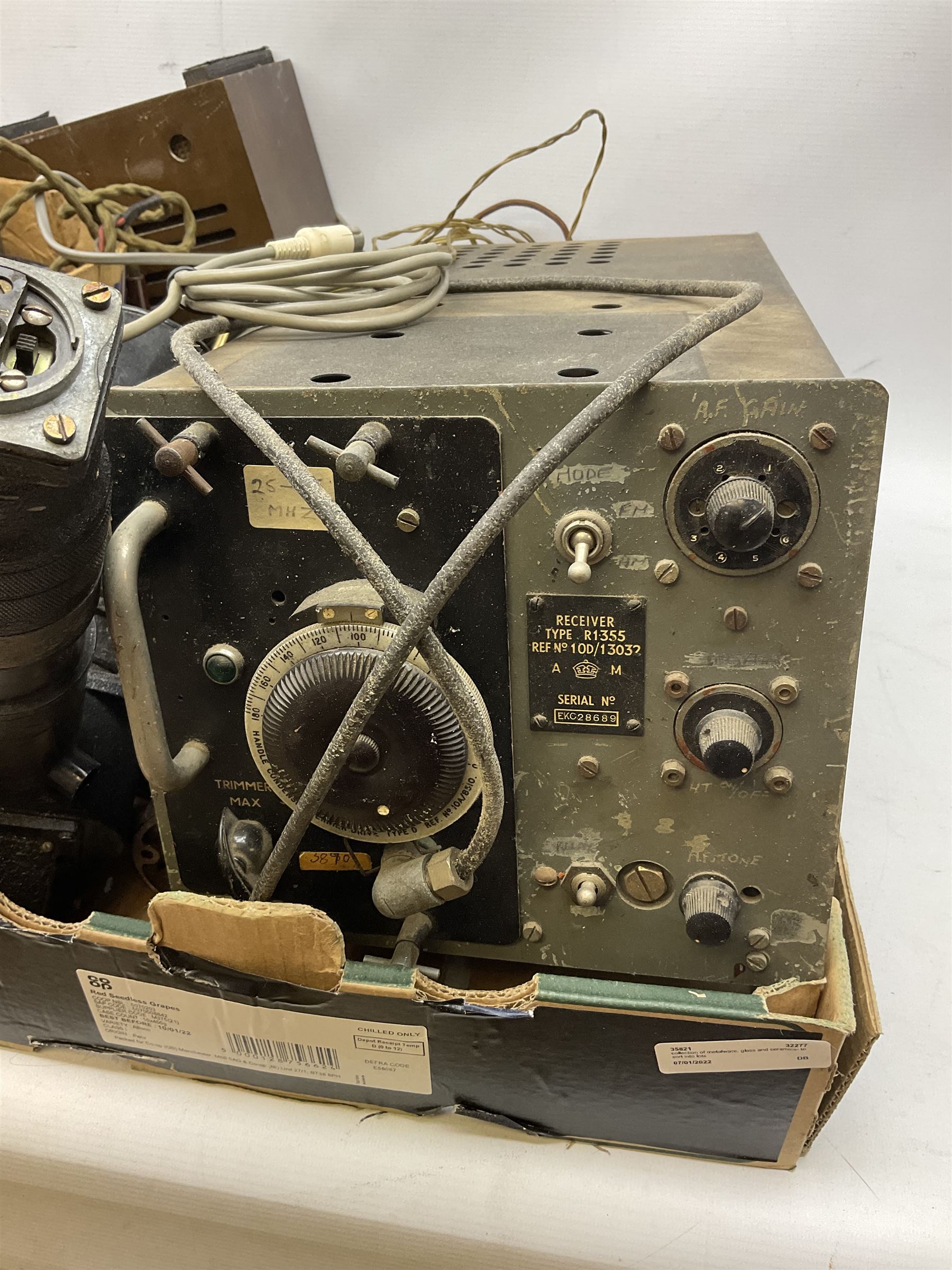 WW2 boxed British military issue Gee radar receiver, type R1355, and Oscillator unit type 76, Tropical, T.F 758, A.M Type P8 Compass, together with quantity of other WW2 military equipment etc