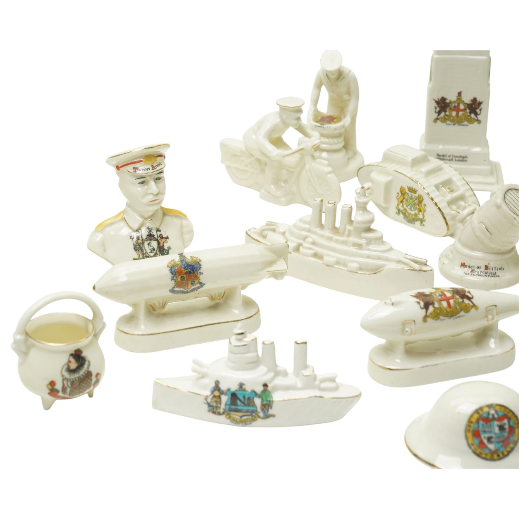 WWI crested china including Arcadian model of British Cavalry Soldier, another 'Tommy in Bayonet Attack', Swan China 'Despatch Rider', Arcadian 'Tommy Atkins', ambulance, E Boat, two tanks, Cenotaph etc