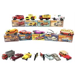 Matchbox/Superfast - nine '1-75' series models comprising 64d Fire Chief car, 65e Airport Coach, 66f Tyrone Malone Superboss, 68e Chevrolet Van, 69e Security Truck, 71e Cattle Truck, 72d Bomag Road Roller, 75c Alfa Carabo and 75e Helicopter; all boxed; and eight unboxed and playworn models (17)