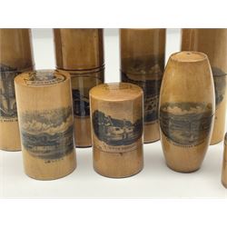 Collection of Mauchline ware relating to sewing, to include four ovoid shaped thimble cases, hinged lid thimble case and needle cases (12) 