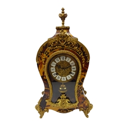  Louis XlV tortoishell style bracket clock, cartouche shaped case with gilt metal mounts and urn finial, twin train movement striking the half hours on a bell, with pendulum & key, H43cm  