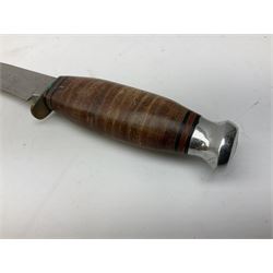 Graduated set of three Bowie knives by J. Nowill & Sons Sheffield England Est. AD1700, each with steel blade, brass cross-piece, stacked leather type grip and alloy pommel; largest blade 13cm and smallest 7.5cm; each in leather sheath (3)