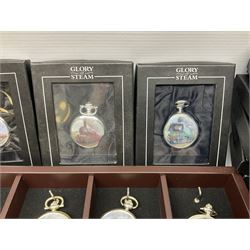 Twenty-three Glory of Steam Atlas Editions silver plated pocket watches, to include The Scottish Horse, Merchant Navy Class, etc, with wood display case, all boxed, twenty one with certificates