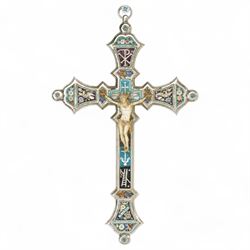 Italian micro mosaic crucifix, with composite Jesus, each panel decorated with sprigs of f...