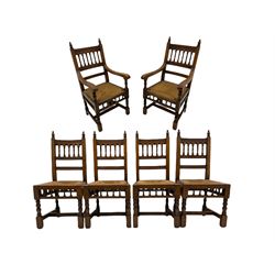 Set six late 19th/early 20th century oak dining chairs, topped with turned finials, the reed moulded horizontal back rails with a series of turned spindles, drop in rush seats, turned supports joined by plain stretchers, two carvers and two side chairs 