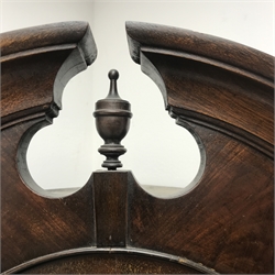  20th century walnut corner cabinet, arched swan neck pediment with central finial, single glazed door, two shelves, cupboard door, shaped bracket supports, W69cm, H191cm, D38cm  