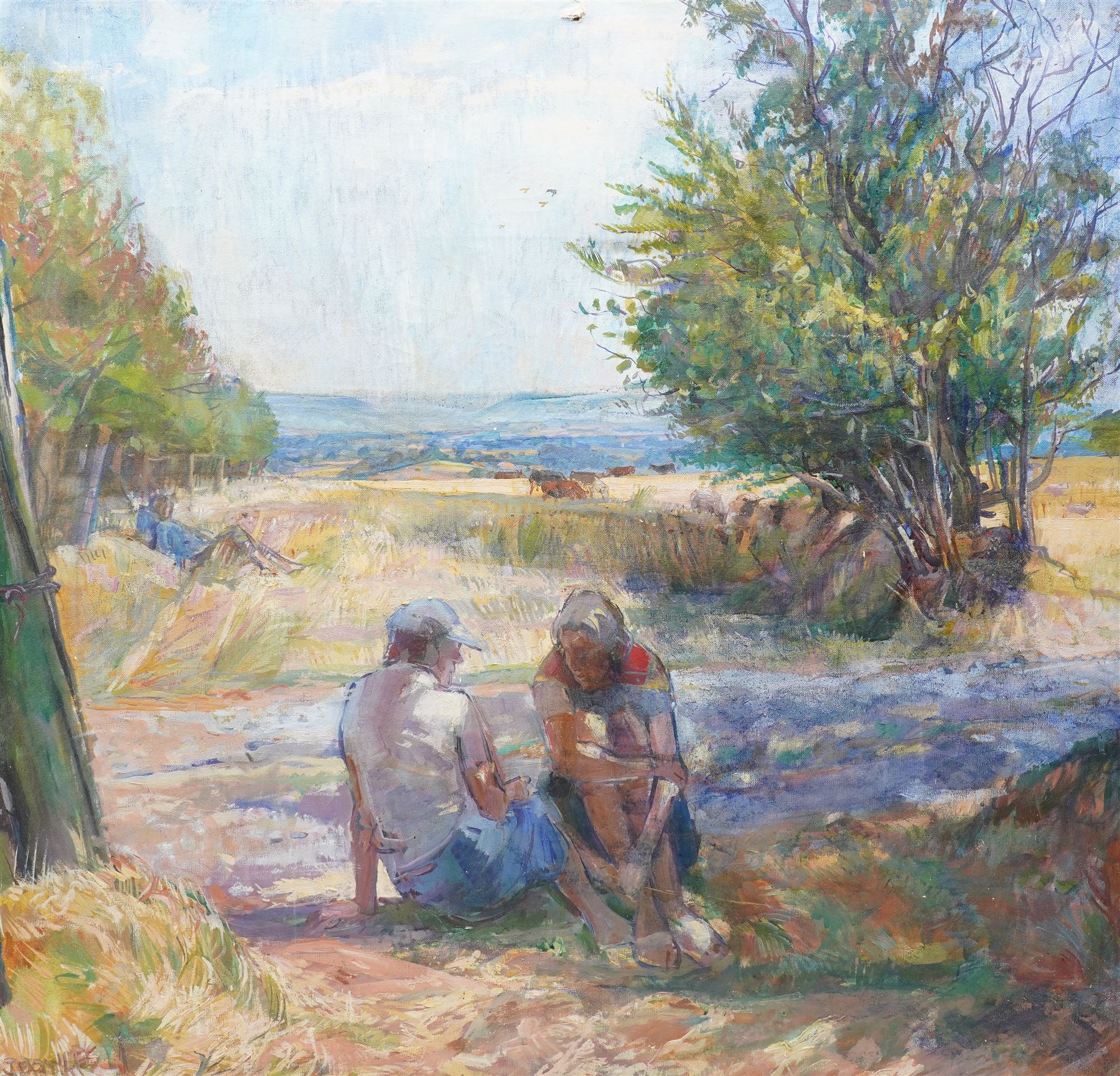 John Gilbey Bowles (British 1929-2011): The Conversation - Summer 'Landscape with Figures' , oil on canvas signed, inscribed and dated 1977 verso 92cm x 97cm
Notes: this scene depicts Bowles' wife Daphne and their friend Edna.