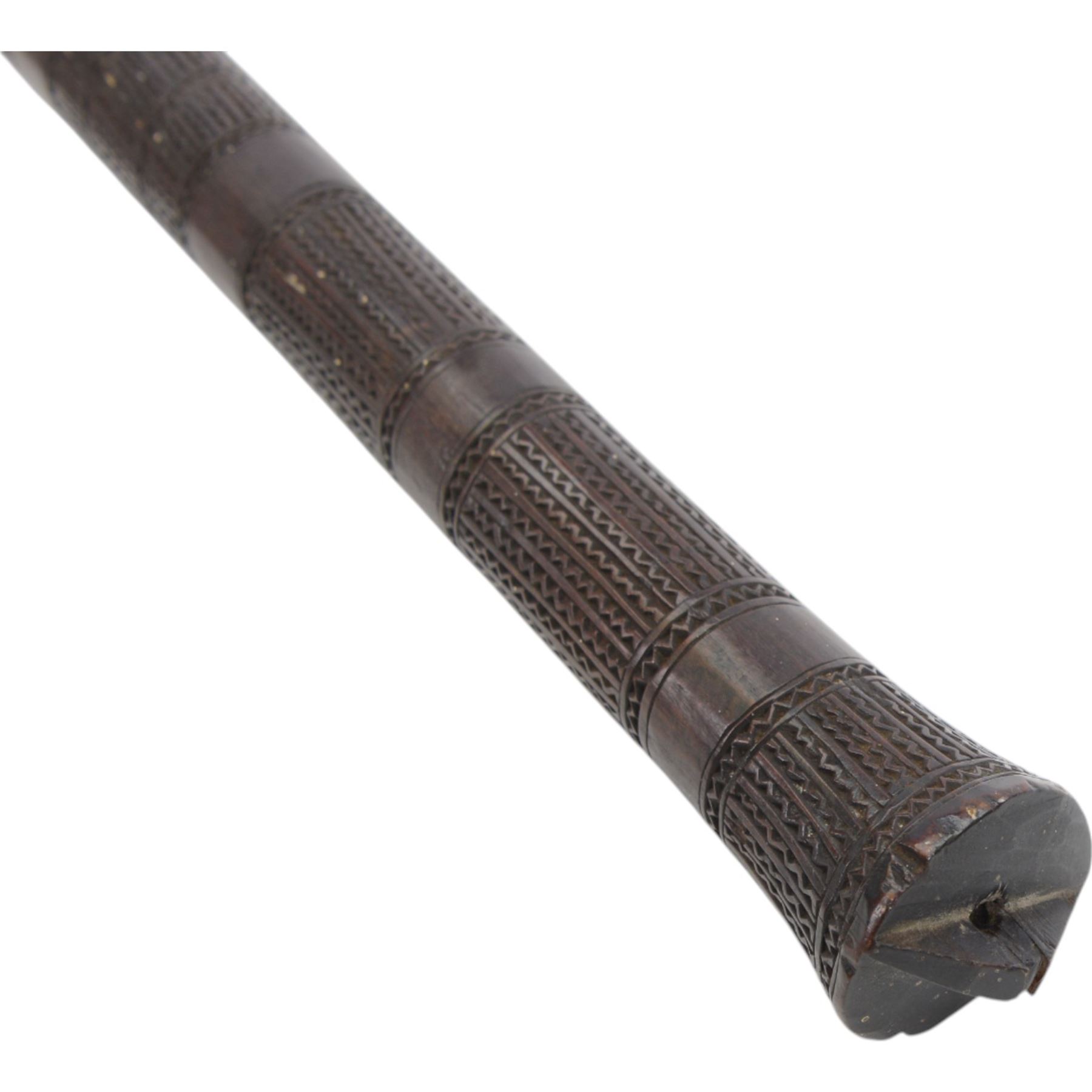 Polynesian war club, of dense hardwood, the tapering diamond shaped head carved with panels of geometric bands, L78cm