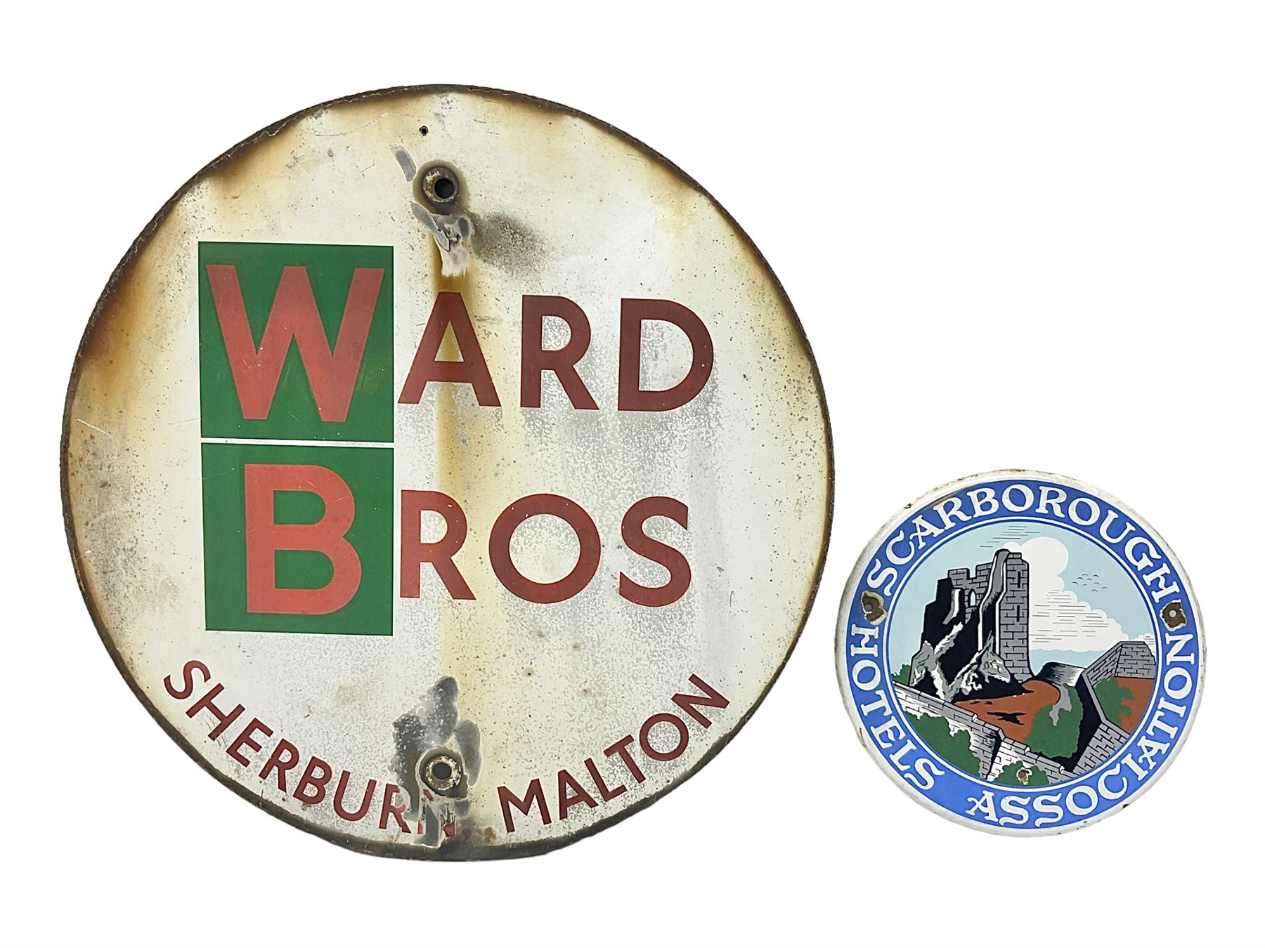 Ward Bros Sherburn Malton enamel sign, together with a Scarborough Hotels Association enamel sign, Malton sign D46cm 
