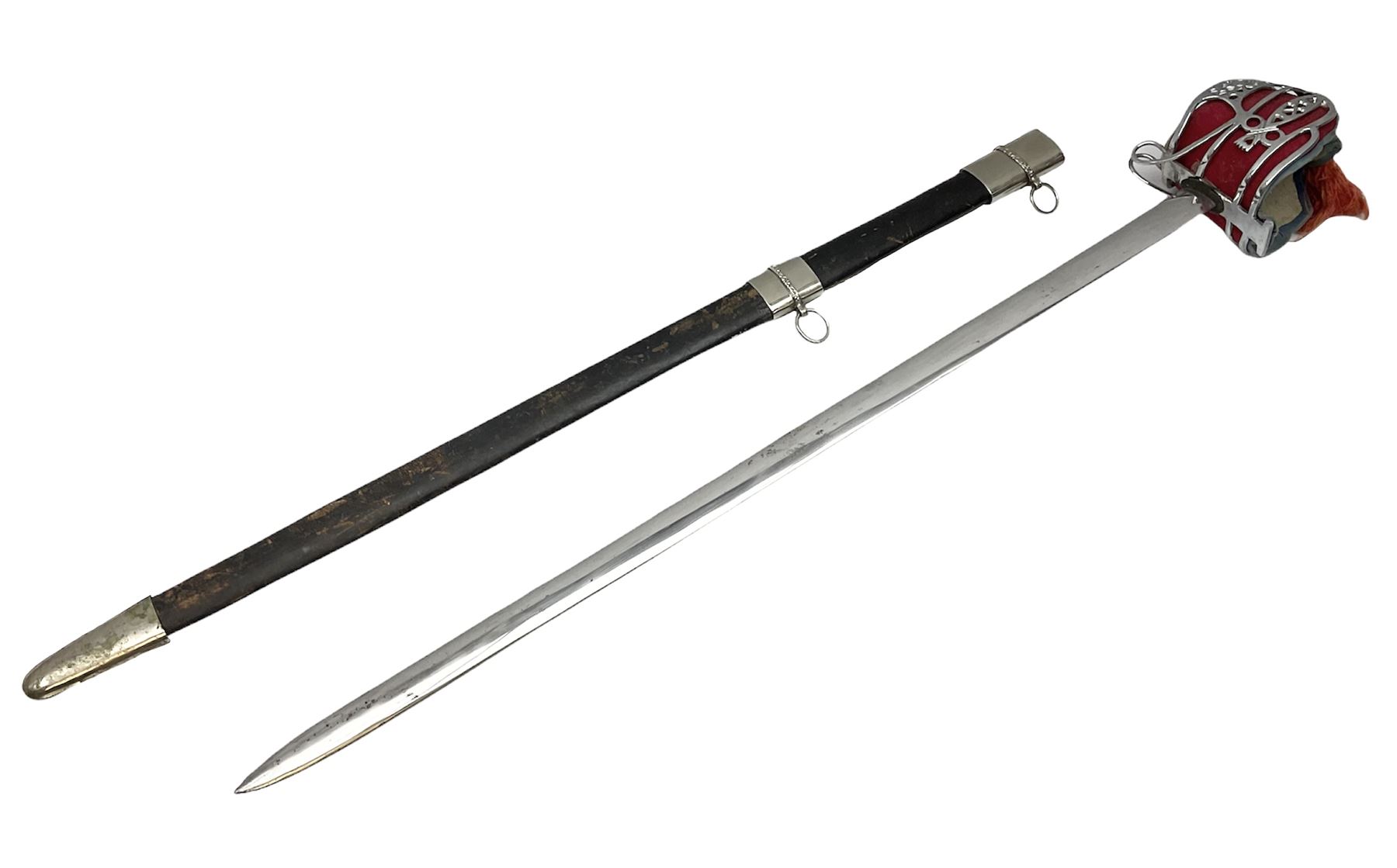 Reproduction Scottish basket hilted broadsword with 85cm double edged steel blade and red lined basket hilt with wire bound grip, in white metal mounted leather scabbard 107cm overall