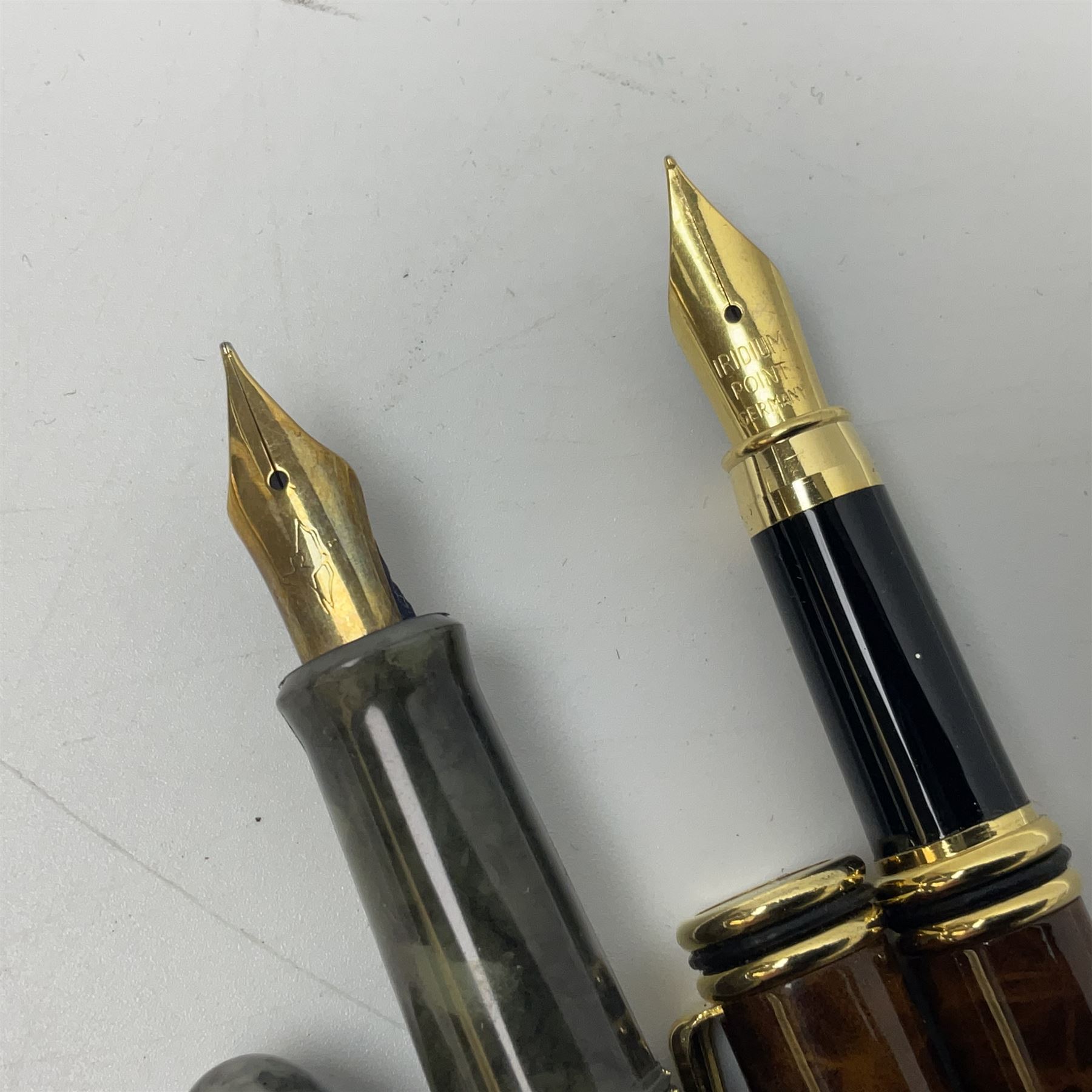 Ten fountain pens, to include Conway Stewart Dinkie 550 marbleised pen with 14ct gold nib, Conway Stewart Shorthand with 14ct gold nib, boxed, Marksman, Parket etc 