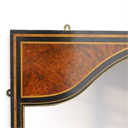 Edwardian mahogany heart-shaped wall mirror, bevelled mirror plate within a shaped frame, the rectangular surround decorated with satinwood crossbanding and burr walnut veneers, applied gilt decoration with hooks for hanging