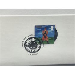 Set of three Royal Mail David Bowie limited edition album stamp prints, comprising  Ziggy Stardust Tour, Hunky Dory and Earthling, all framed and in original packaging, H43cm W43cm