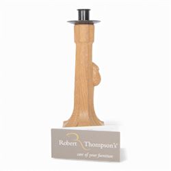 Mouseman - oak candlestick, with metal sconce, octagonal column, on a square base, carved ...