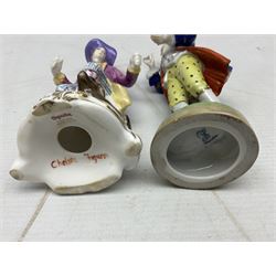 Seven Spode Chelsea figures, comprising no.1, no.2, no.3, no.4, no.6 and two further smaller examples, together with a Dresden figure of a gentleman, no. K10003, and a Delft style figure of a boy, some with boxes, tallest H23cm (9)