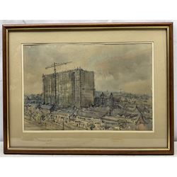 Norman Denman (Northern British 20th century): Hull Royal Infirmary under Construction, watercolour and felt pen signed, inscribed verso 33cm x 49cm
