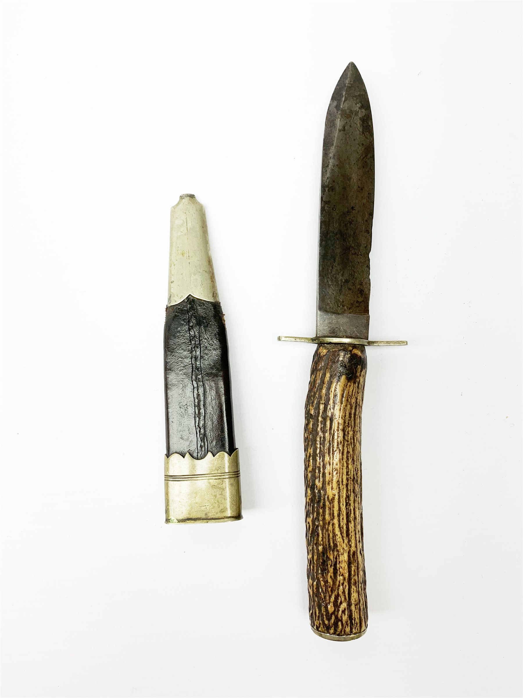 Late 19th century hunting knife by Davie11cm spear point blade, antler grip and leather sheath with nickel mounts overall 23.5cm
