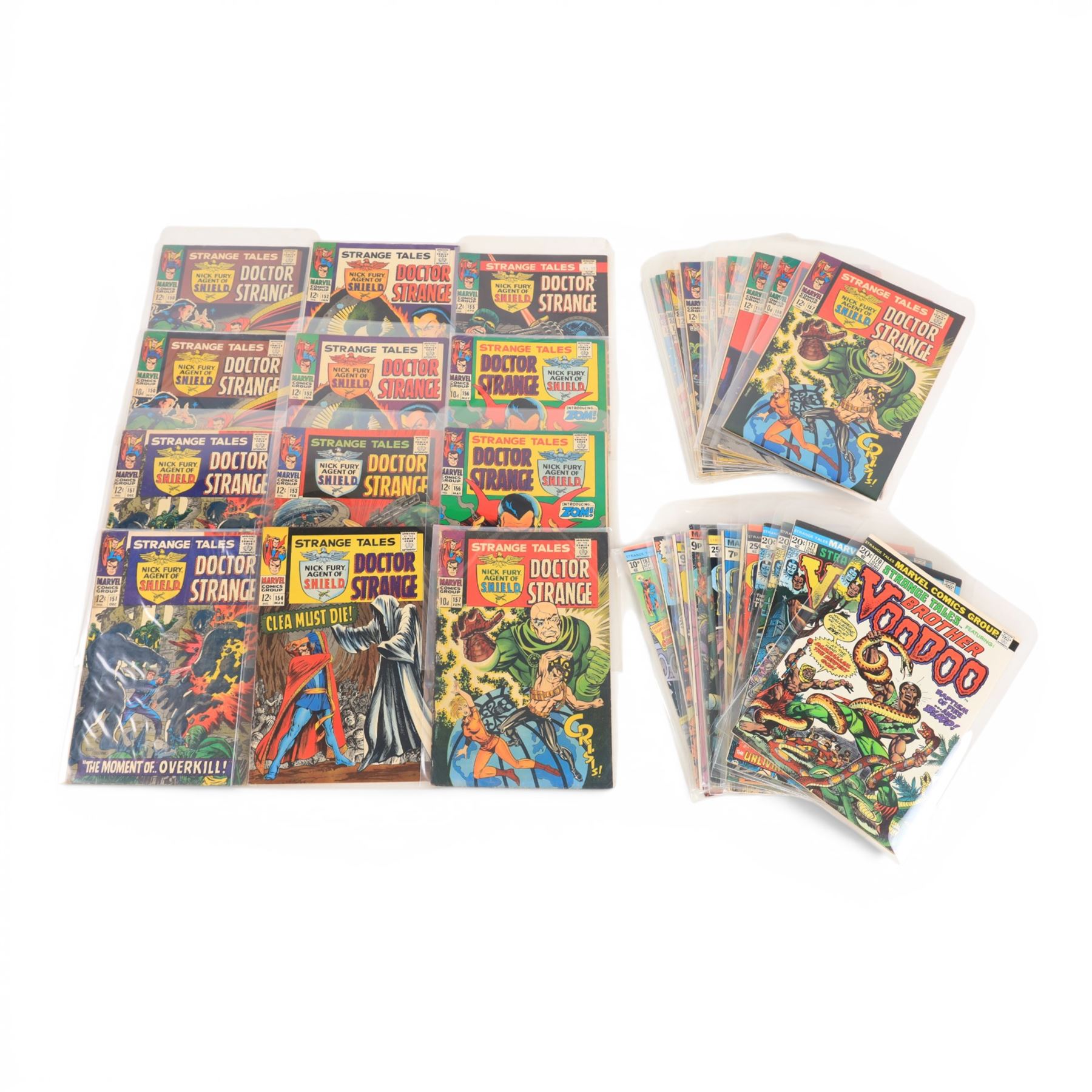 Forty-three Marvel Silver and Bronze Age 'Strange Tales' comic books, spanning years 1966-1976, comprising issues #150-#168, #170-#179, #181-#187, multiple duplicates