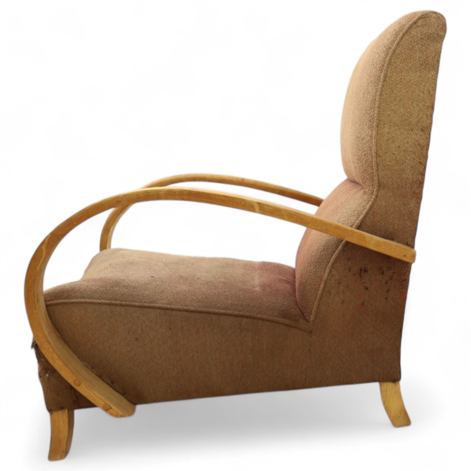  1930s Art Deco bentwood armchair, with sprung seat and arched laminated arms, upholstered in original pink-brown wool fabric, raised on square supports
