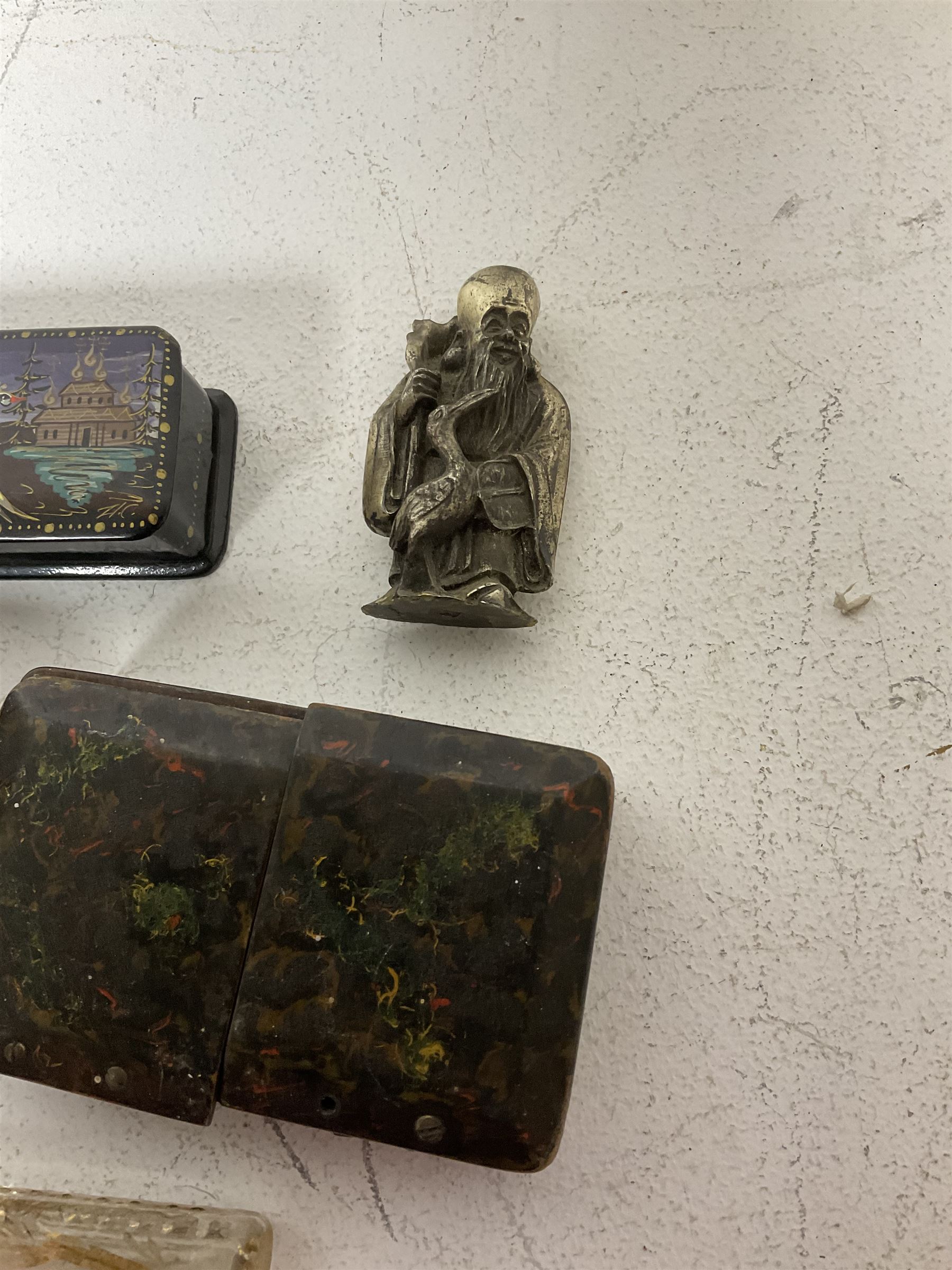 Two 19th century glass tear catcher lachrymatory bottles, together with a Japanese lacquered box and two similar, a trinket box with ceramic cover and a small pewter figure of Confucius