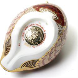 Royal Crown Derby paperweights, comprising Bluebird, Partridge, and Farmyard Cockerel, with gold stoppers, boxed (3)