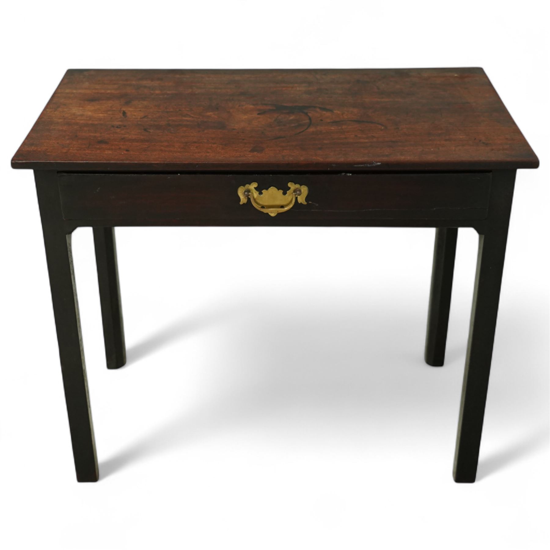 George III stained mahogany side table, rectangular top with aged finish, fitted drawer with brass swing handle on square legs