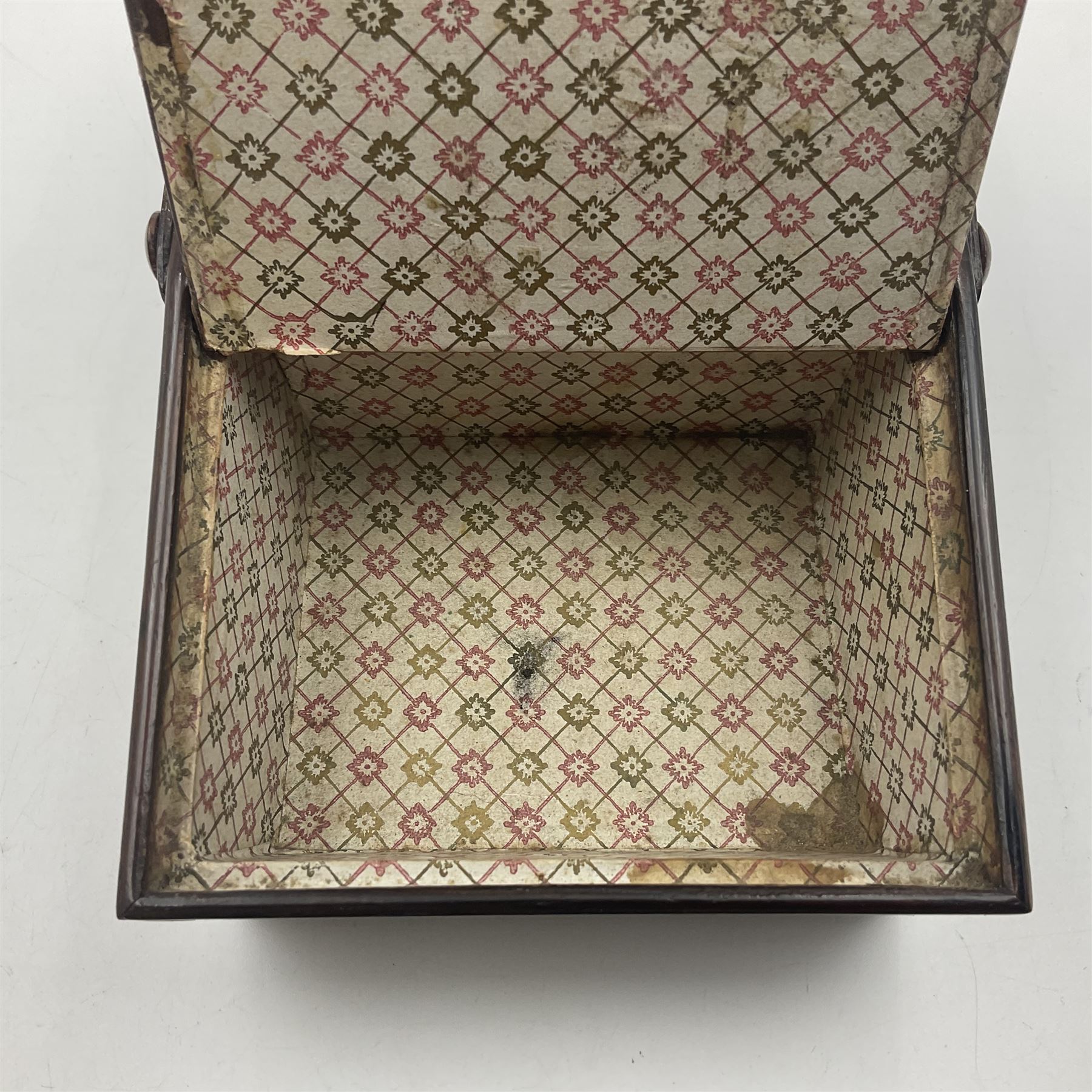 19th century rosewood Tunbridge Ware basket, of rectangular form with curved bentwood handle, and twin hinged sloping covers, lifting to reveal paper lined interiors, not including handle H5.5cm D10.5cm L18cm