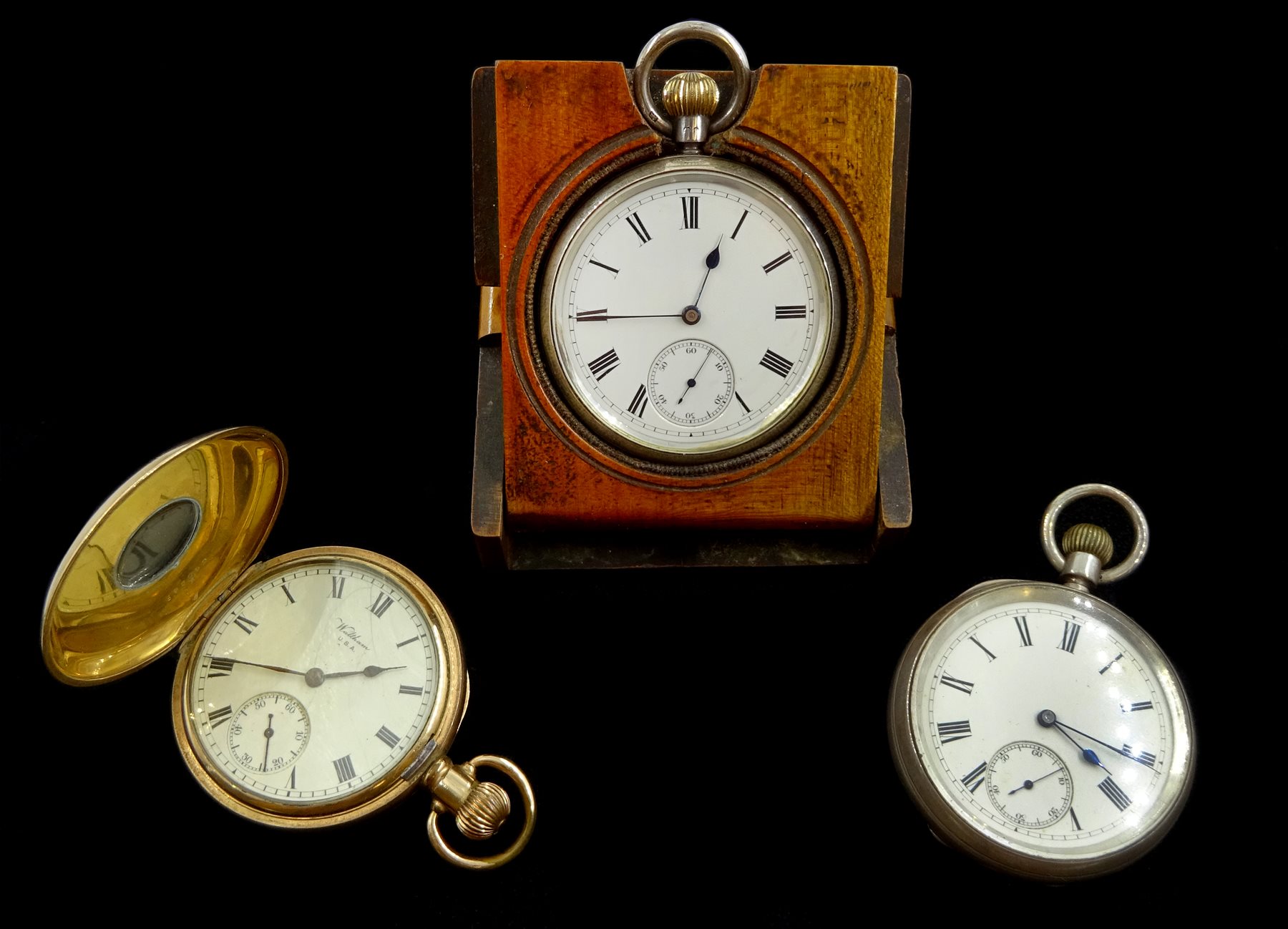 Victorian silver pocket watch top wind by Samuel Sharpe, Birmingham 1900, in yew and fruit wood case, similar silver pocket watch by the same hand hallmarked and a Waltham gold-plated half hunter pocket watch (3)