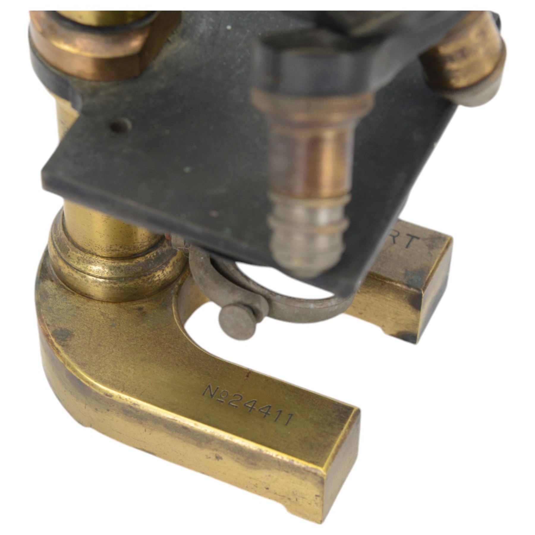 Early 20th century Austrian brass monocular microscope by C Reichert, together with a brass cased pocket barometer by Griffin & George, a WWII TG Co Ltd Mark 1 Magnetic Marching Compass and a drawing set